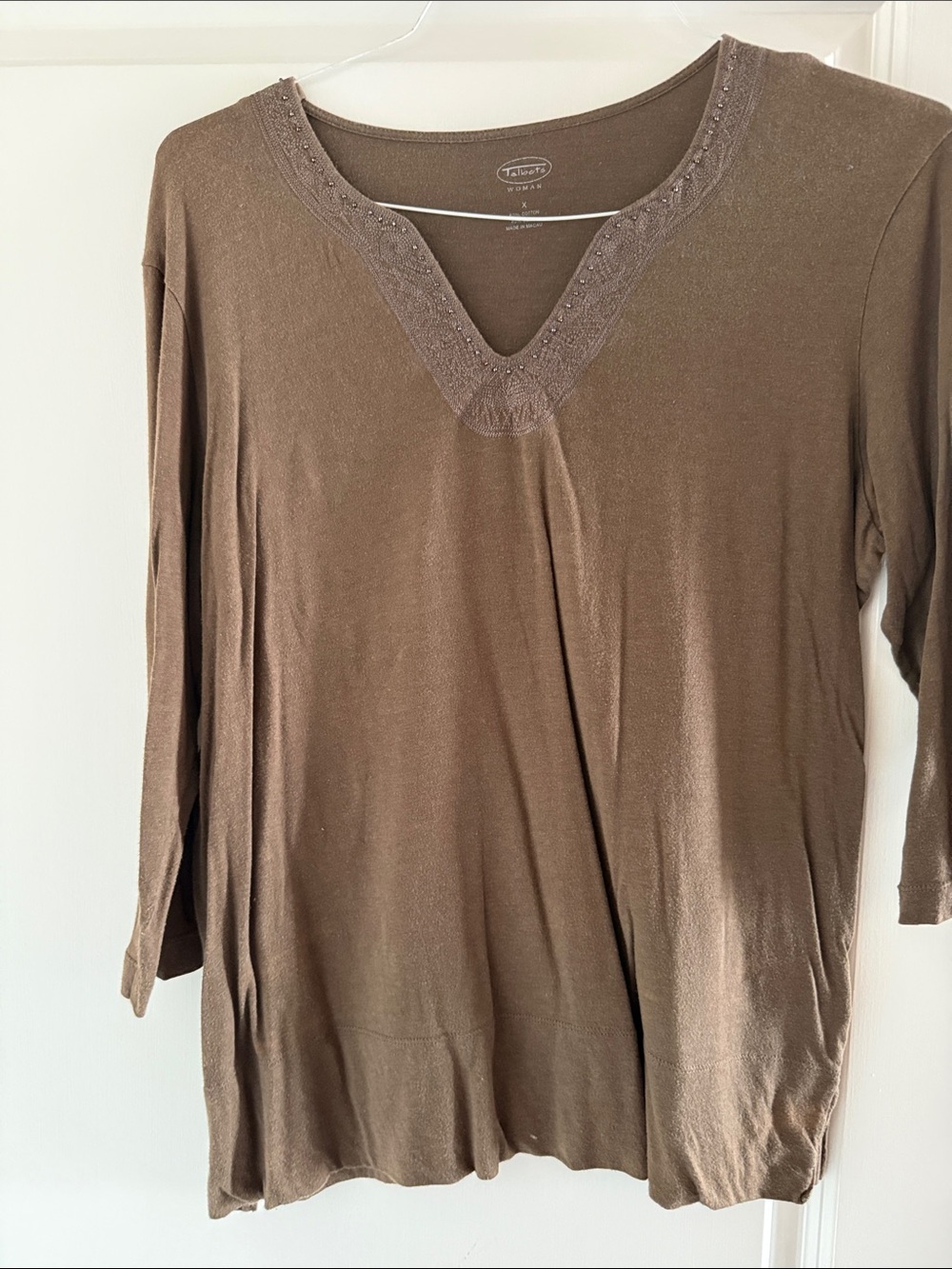 Talbots Brown V-Neck Long Sleeve Top with Lace Trim